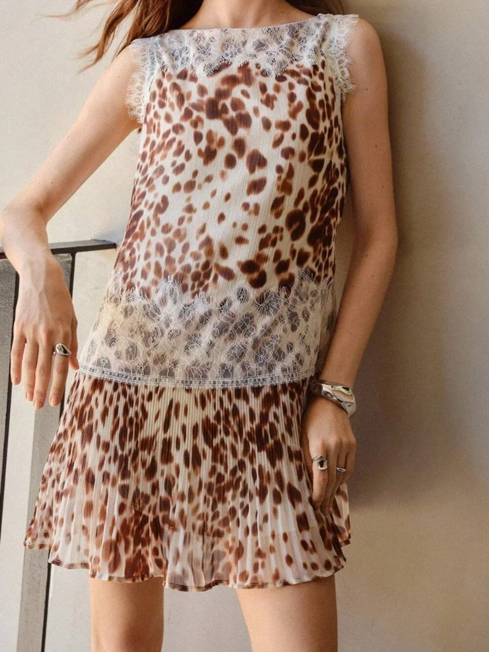 Multicolor Elegant Women's Animal Print Lace Patchwork Short Dress
